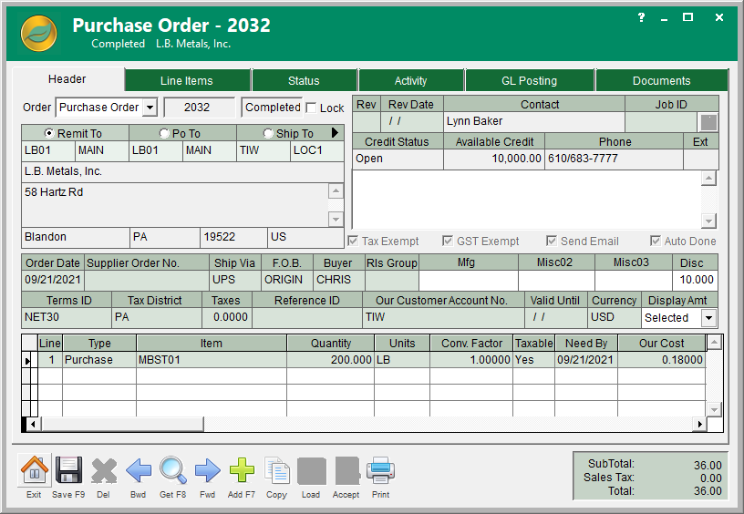 Purchase Order - Header